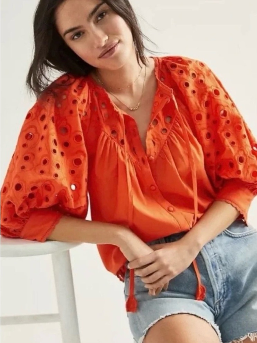Anthropologie Chantal Eyelet Puff Sleeve Top